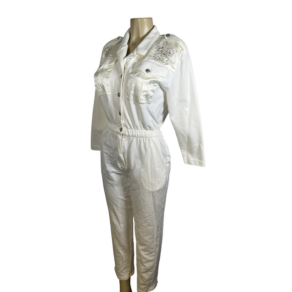 Vintage Saint Germain Paris Jumpsuit Womens 10 White Button Down Embellished 80s - Picture 4 of 16